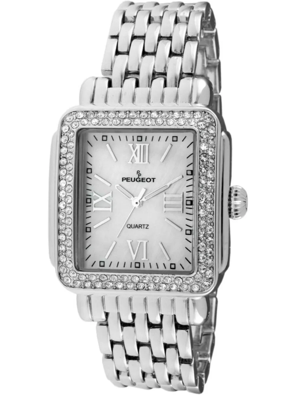 Women's Silver Analog Rectangle Crystal Decorated Bezel Numerals Bracelet Watch